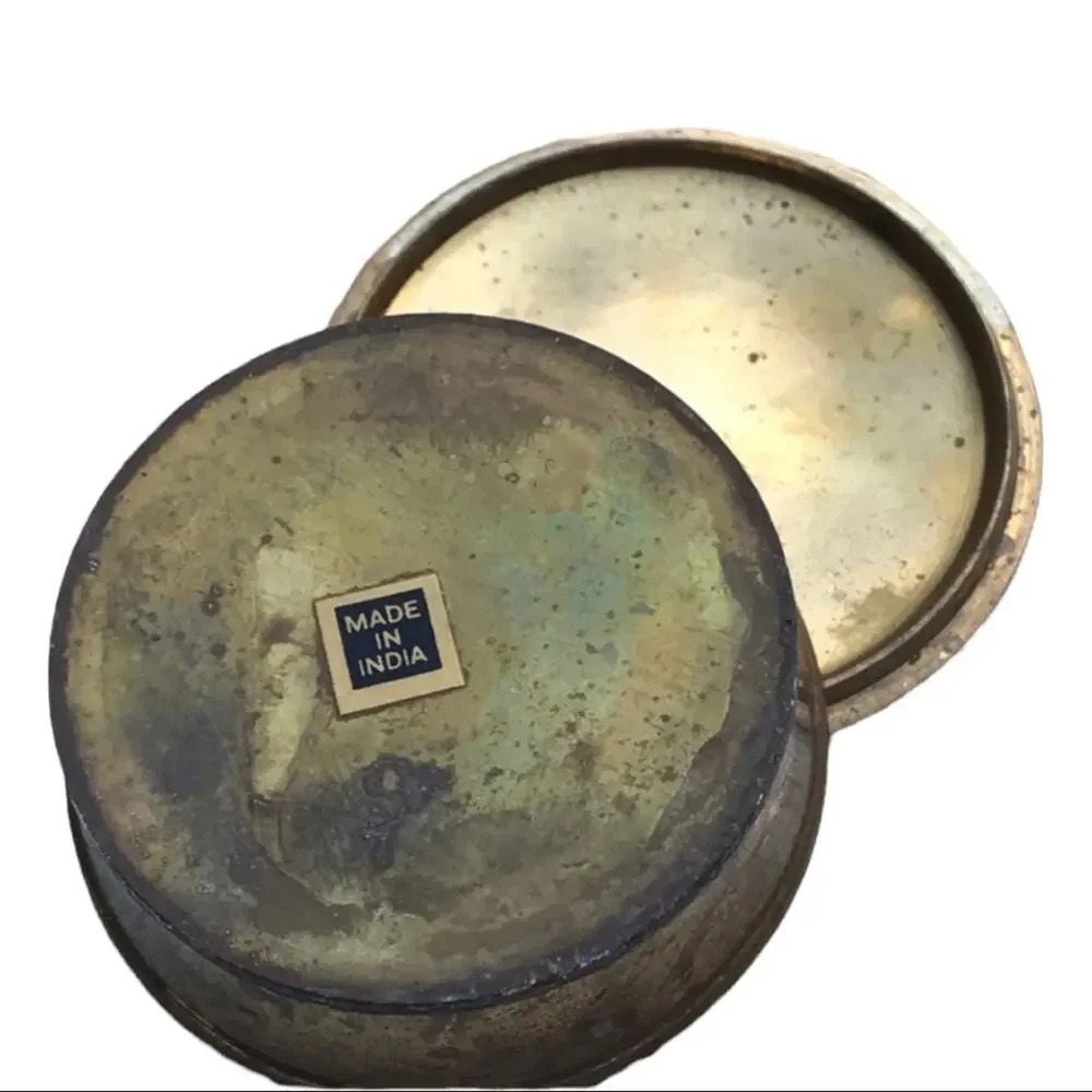 Vintage Brass Ring Box with Moth or Butterfly in Orange and Mint Green Enamel